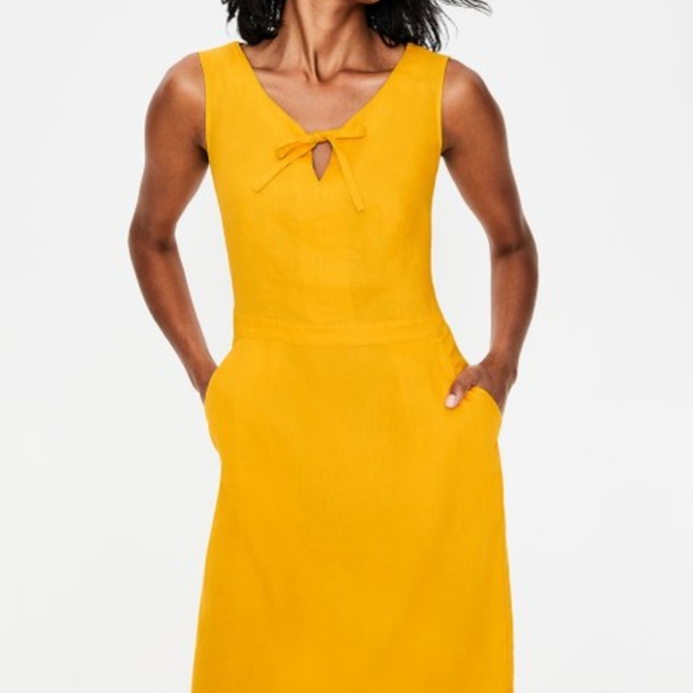 Boden yellow linen dress with pockets and tie neck